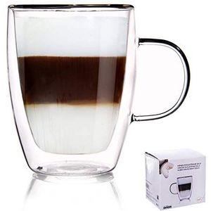 Orion Koffiemok, dubbelwandig, glazen beker, 300 ml, glazen kopjes voor latte, cappuccino, hittebestendige koffiemokken, dubbel borosilicaatglas