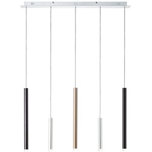 Brilliant Led-hanglamp, 5 lichtpunten, in hoogte verstelbaar, koffiestijl, 3 niveaus, dimbaar via wandschakelaar van metaal/kunststof aluminium/zwart/koffie, 120 x 89 cm