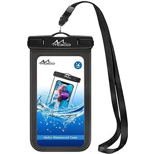 MoKo Waterdichte beschermhoes met nekriem, compatibel met iPhone 13/12/11 Pro Max Mini, SE 3/2, Galaxy S22/S21/20 Plus Ultra, Note 20/10, Huawei P50, Xiaomi 12/11, Mi 11/10, 7 inch, zwart