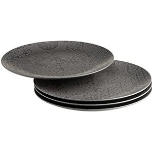 MÄSER 935077 Serie Tiles 4-delige set grote ronde borden in moderne vintage stijl van keramiek - ook ideaal als pizzaplaat en serveerbord mat - steengoed zwart
