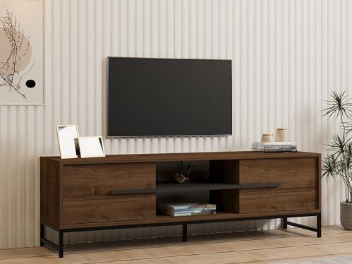 Hanah Home Elegante tv-standaard van walnoot, 160 cm x 50 cm x 40 cm, 100% melamine, dikte 18 mm, wandmontage, meerdere planken, extra opbergruimte