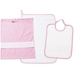 FILET - Driedelige kleuterschoolset met Aida canvas om te borduren, bestaande uit tas, handdoek en witte badstof slabbetje, 100% katoen, gemaakt in Italië, met vierkante patronen, roze achtergrond