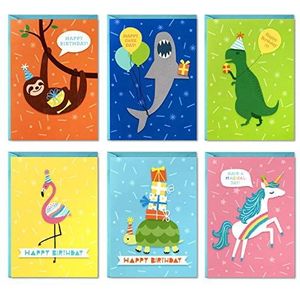 Hallmark 48 verjaardagskaarten voor kinderen met enveloppen (dinosaurus, luiaard, eenhoorn, flamingo's, schildpadden, haai)