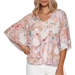 Makadamia Luchtige blouse, kimono-mouwen, modieus patroon, licht en luchtig materiaal, zomerstijl, elegant en casual, snit aan alle kanten, V-hals, Mesh 40