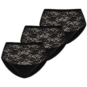 Violetta Teyli 3-pack hoge taille slip katoen met bloemenkant comfortabel en ademend, zwart.