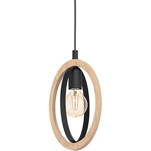 EGLO Basildon hanglamp met 1 fitting, vintage, industriële, retro, hanglamp van staal en hout in zwart, natuurlijke eettafellamp, hangende woonkamerlamp met E27-fitting