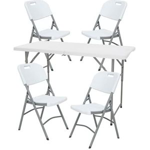 In hoogte verstelbare klaptafel 122 x 60 x 50-74 cm en set van 4 klapstoelen 51 x 45 x 85,5 cm, ideaal voor buiten