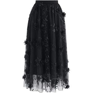CHICWISH Midi-rok voor dames, dubbellaagse mesh, karamel/stofblauw/wit/zwart, 3D mesh zwarte bloem, M