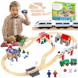 Green series Kinderplay GS0010 Houten treinbaan voor kinderen, treinen en voertuigen en rails, pakket – trein, elektrische treinbaan, 378 cm lang circuit