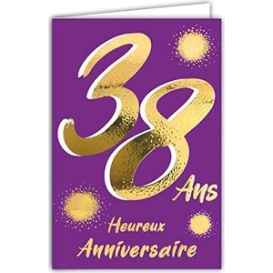 Afie 69-2438 verjaardagskaart, 38 goud, glanzend, gestructureerd, voor dames en heren, kleurrijke tekst, geschikt voor leeftijdsgroepen binnen, inclusief envelop, gemaakt in Frankrijk, ColorAges