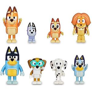 Bluey - Set van 8 figuren familie en metgezellen van de Cole, beweegbare figuren, poppen van 6-8 cm, verzameling personages uit de tekenfilmserie voor kinderen, jongens en meisjes vanaf 3 jaar,