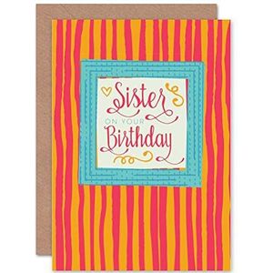Verjaardagskaart met opschrift ""Happy Sister"", gestreept, retrostijl