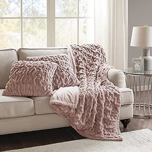 Comfort Spaces Zachte pluizige pluizige kunstbont deken set met 2 bijpassende vierkante kussenhoezen voor bank, stoel, bank, woonkamer, thuiskantoor, lichtroze, 127 x
