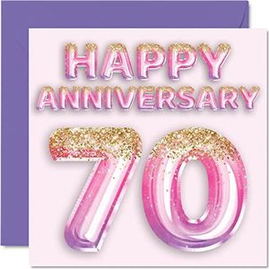 Schattige platina-verjaardagskaart voor vrouwen, vriendin, echtgenoot, vriend, glitterballon, roze violet, wenskaarten voor de 70e verjaardag van de familie, 145 mm x 145 mm