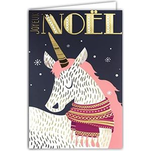 Afie 61-5675 wenskaart Vrolijk Kerstmis met envelop en goud glanzend fonkelende eenhoorn pony paard sjaal roze hoorn manen magische vlokken voor kleine meisjes kinderen