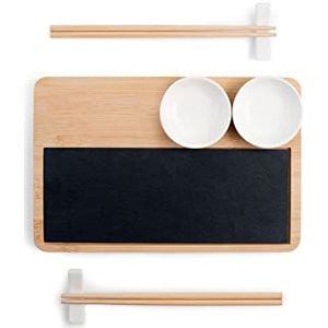 H&H 10-delige sushi-boxset bestaande uit bamboe dienblad, leisteen, 2 kopjes van wit porselein, 2 eetstokjeshouders van porselein en 2 paar bamboestokjes