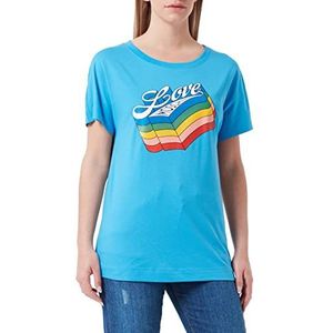 Love Moschino Dames T-shirt van katoenen jersey met opgedrukt Rainbow Logo, Lichtblauw