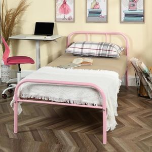 FurnitureR Metalen Eenpersoonsbedframe, met Hoofd en Voetbed, Stevige IJzeren Basis voor Kinderen of Tieners, Huis, Studentenslaapzaal, Kinderkamer, Roze