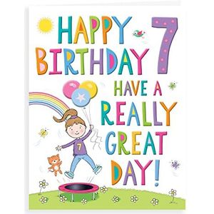 Regal Cards Verjaardagskaart voor meisjes voor 7e verjaardag – meisjes kat trampoline