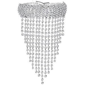 JewelryWe Damesarmband, sexy armband voor bovenarm, elastische armband met strass-steentjes en kwastjes, voor dames en meisjes, zilverkleurig, 16 cm, strass-steentjes, Bergkristal
