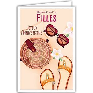 Afie 69-4311 Verjaardagskaart met envelop voor meisjes en vrouwen, mini-poster in het formaat 17 x 11,5 cm, zonnebril, handtas, zomerschoenen, bloemen, zand, retro, vintage