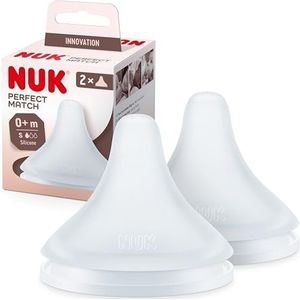 NUK Perfect Match Fopspeen voor flessen, 0 maanden, past op het gehemelte van de baby, anti-koliek ventilatie, BPA-vrij, siliconen fopspeen voor flessen, 2 stuks