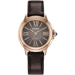 CITIZEN Eco-Drive Solar dameshorloge met leren band en Romeinse cijfers, Bruin, sleutelkoord