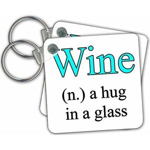 3dRose Wine a Hug in Glass, Aqua - Key Chains, 2,25 x 2,25 inch, set met 2 sleutelhangers, 6 cm, meerkleurig (varies)