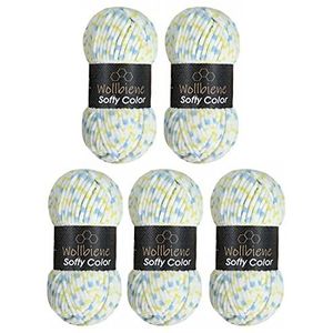 Wollbiene Softy Color Chenille breiwol, 5 x 100 g, totaal 500 g, Super Bulky (wit/blauw-geel, 114)
