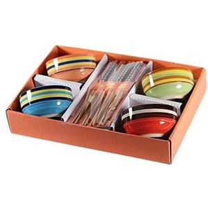 lachineuse - Set van 4 kleurrijke kommen - rijstkommen, ontbijt en soep - porseleinen servies oranje, geel, blauw, rood - 4 paar eetstokjes - Aziatische kom - Azië servies cadeau