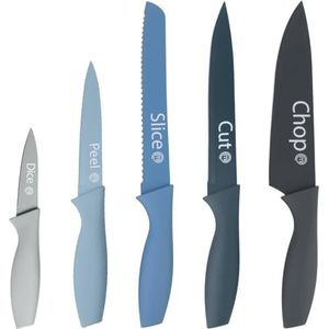 MasterChef Set van 5 roestvrijstalen keukenmessen met soft-touch handgrepen, multifunctioneel, 5 stuks, blauw