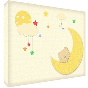 Feel Good Art Houten blok wit deco kinderkamer cadeau voor geboorte of doop slapende beer op de maan kleurrijk 15,2 x 10,2 cm