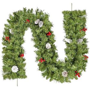 Kerstslinger 180 cm met 8 witte dennenappels, 8 rode bessen, kunstmatige groene slingers van pvc, hangende kersttrappen, raam, open haard, muur, voordeur, decoratie