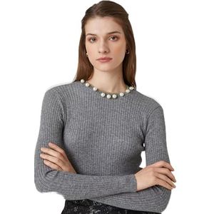 Koton Pull en tricot côtelé avec détails perlés pour femme, Gris (031), S