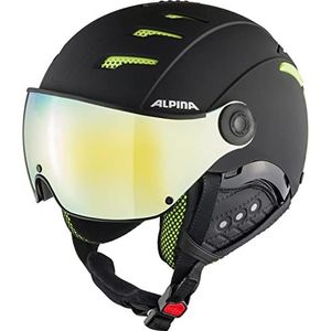 ALPINA JUMP 2.0 Q-LITE - Veilige, schokabsorberende en indiv skihelm, verstelbare skihelm met versterkt vizier voor volwassenen, zwart/limoen mat, 52-54 cm