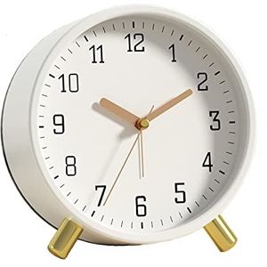SHISEDECO Wekker met achtergrondverlichting, 11,4 cm, analoog, niet tikken, stil, kleine bureauklok met Arabische cijfers, ronde tafelklok op batterijen voor woonkamer, slaapkamer (wit)