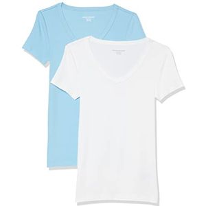 Amazon Essentials Set van 2 T-shirts met korte mouwen en V-hals voor dames, slim fit, wit/lichtblauw, maat S