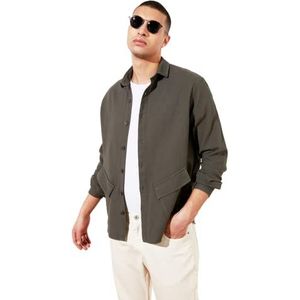 Trendyol Asymmetrisch herenhemd met lange mouwen, casual pasvorm, dubbele laag zakken, outdoor overhemd, Licht Khaki.