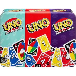 Mattel Games UNO Kaartspel met 2 uitbreidingspakketten en een metalen doos om te verzamelen voor kinderen, volwassenen en familiespelfeesten, 2 tot 10 spelers, JCV60
