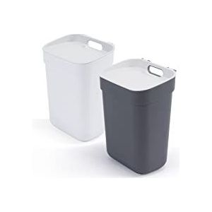 Curver Ready to Collect Recycling vuilnisemmer, 2 x 10 l, met wandhouder of deur, ideaal voor keuken of badkamer, 100% gerecycled, deksel en ring voor tas, grijs en wit