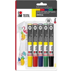 Marabu Textielpainter-viltstiften, 5 kleuren voor licht textiel (2-4 mm)