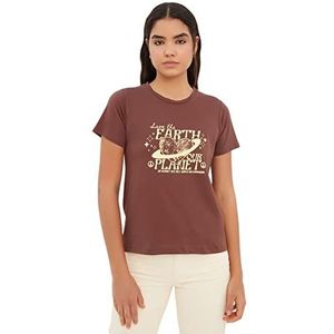 Trendyol Trendyol Gebreid damesshirt met ronde hals, standaard, nauwsluitend, 1 stuk, Bruin