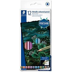 STAEDTLER Design Journey metallic kleurpotloden, voor metallic glittereffecten, glitter en reflecties op donker papier, zachte vulling met sterke dekking, 12 potloden