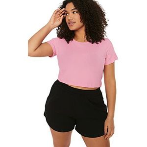 TRENDYOL T-shirt pour femme - Coupe ajustée - Col rond - Grande taille, Rose séchée, XL