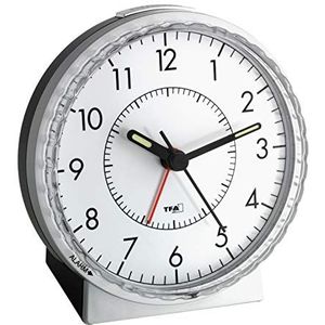 TFA Dostmann Analoge wekker 60.1010 stille wekker alarm met bel extra luid alarm met achtergrondverlichting zilver/zwart (L) 107 x (B) 78 x (H) 110 mm