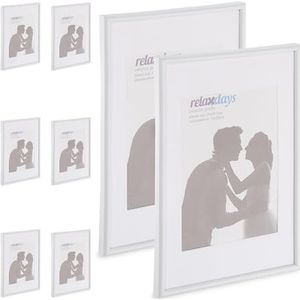 Relaxdays Set van 8 A4 fotolijsten om op te hangen in staand en liggend formaat met passe-partout, wit