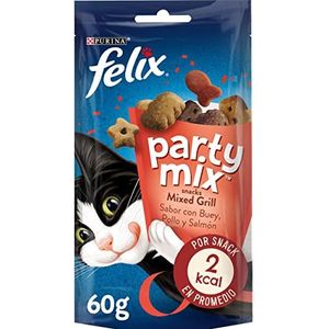 Purina Felix Party Mix Snack Cat Mixed Grill met rundvlees, kip en zalm, 8 x 60 g blikjes