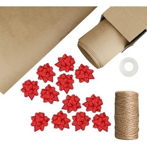 LEVIATAN Kit d'emballage cadeau, papier cadeau, étoiles décoratives autocollantes, cordon de jute et ruban adhésif, papier cadeau, étoiles autocollantes, corde de jute, ruban adhésif, S, rouge