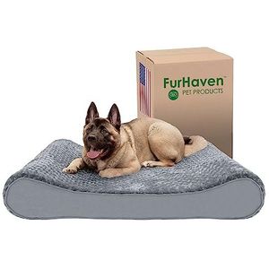 FurHaven Hondenbed van traagschuim voor grote honden, met afneembare wasbare overtrek, voor honden tot 68 kg, ultrazacht matras van imitatiebont en suède, grijs, jumbo