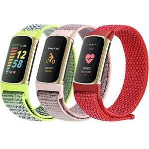 Yeahxing Compatibel met Fitbit Charge 5 nylon armband, 3 stuks, zacht en ademend, verstelbaar, voor dames en heren, Geen edelsteen